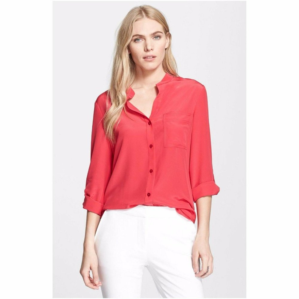 Diane von Furstenberg 4 Gilmore Blouse 100% Silk- HOT CORAL - not red